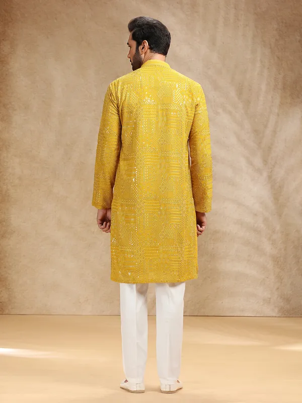 Yellow georgette festive kurta pajama for men