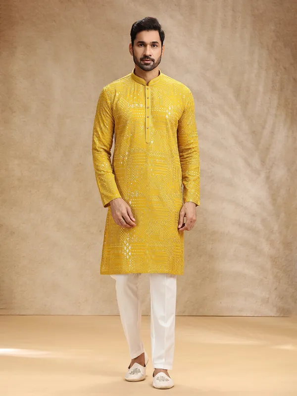 Yellow georgette festive kurta pajama for men