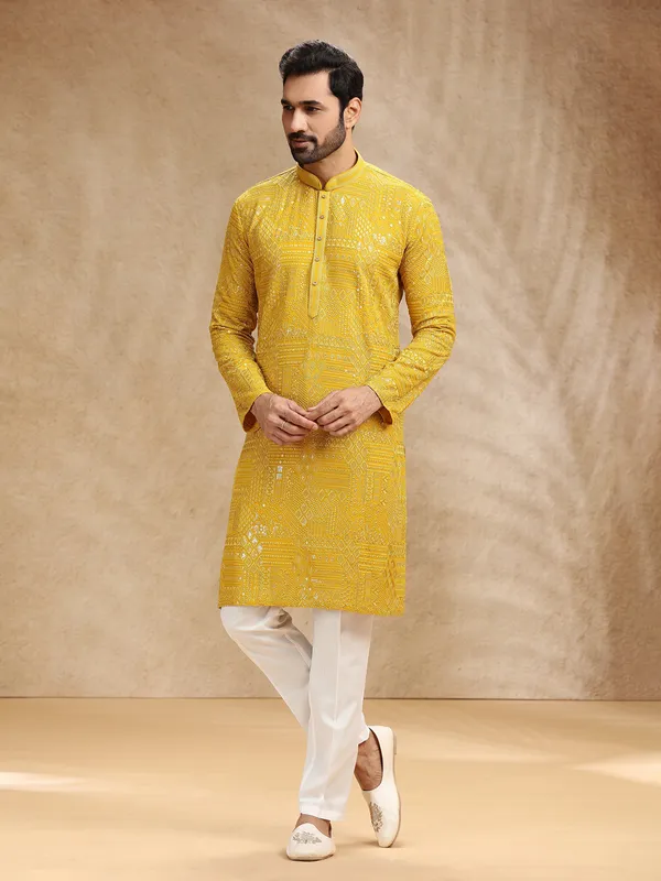 Yellow georgette festive kurta pajama for men
