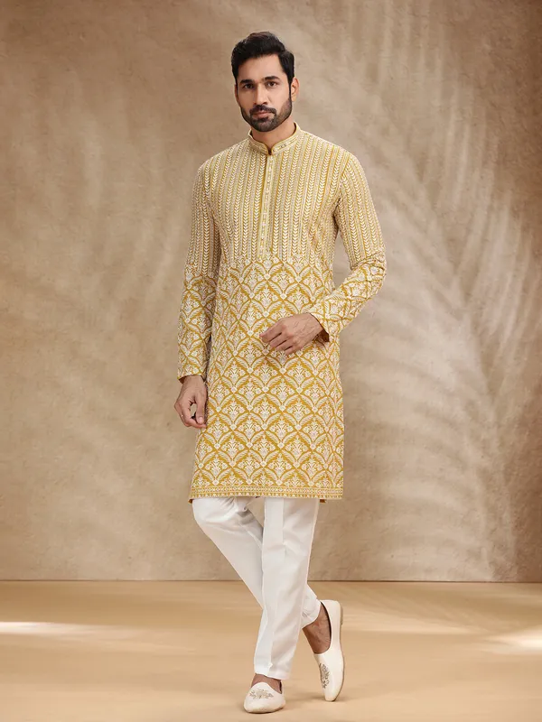 Yellow georgette kurta pajama for festive wear