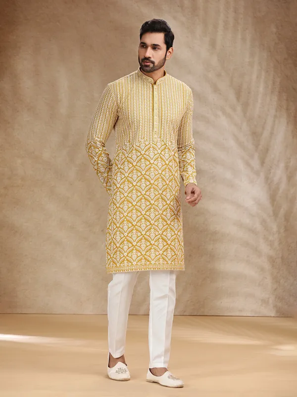 Yellow georgette kurta pajama for festive wear