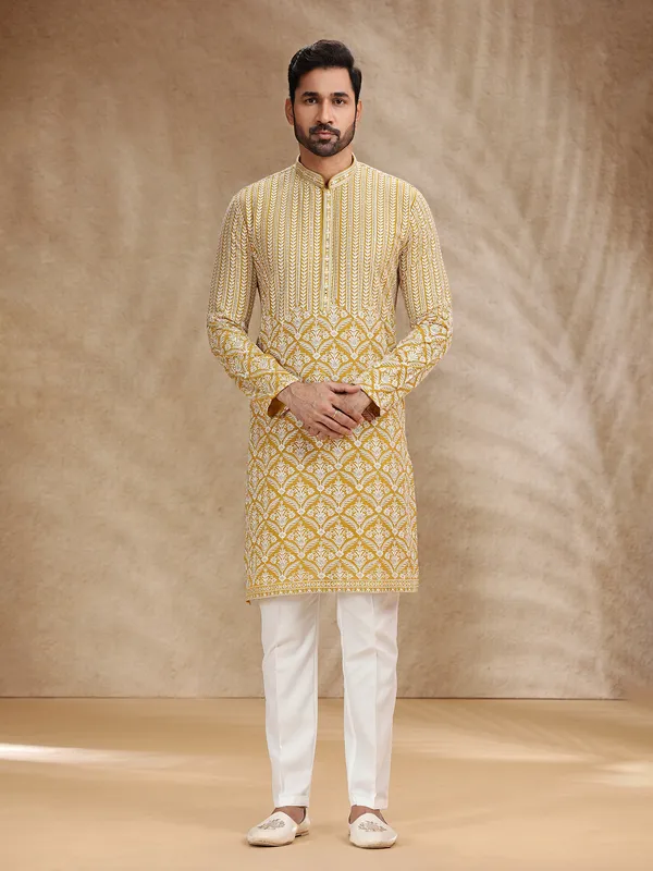 Yellow georgette kurta pajama for festive wear