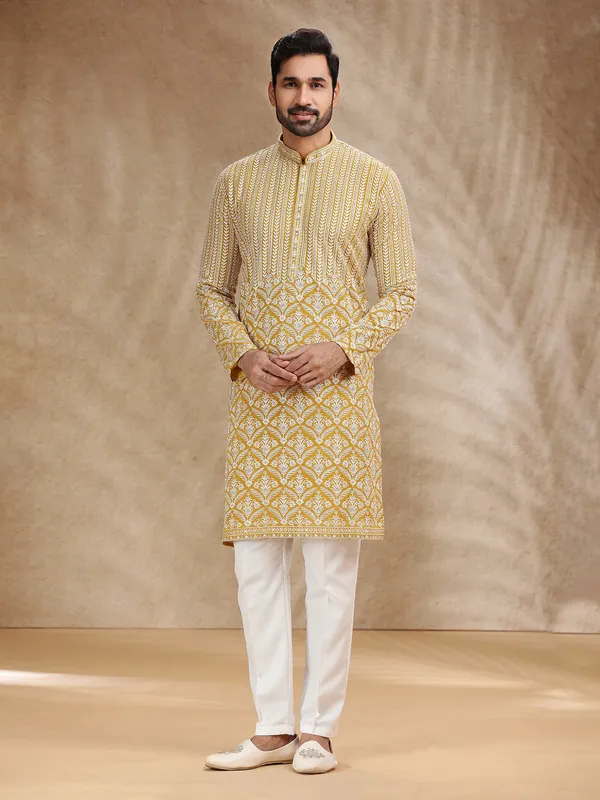 Yellow georgette kurta pajama for festive wear