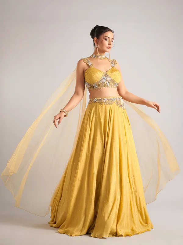 Yellow georgette lehenga choli with dupatta for wedding wear