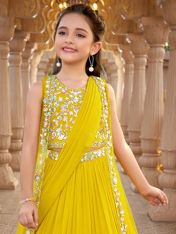 Yellow georgette lehenga choli with long shrug