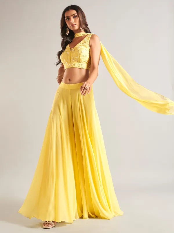 Yellow georgette palazzo salwar suit with dupatta