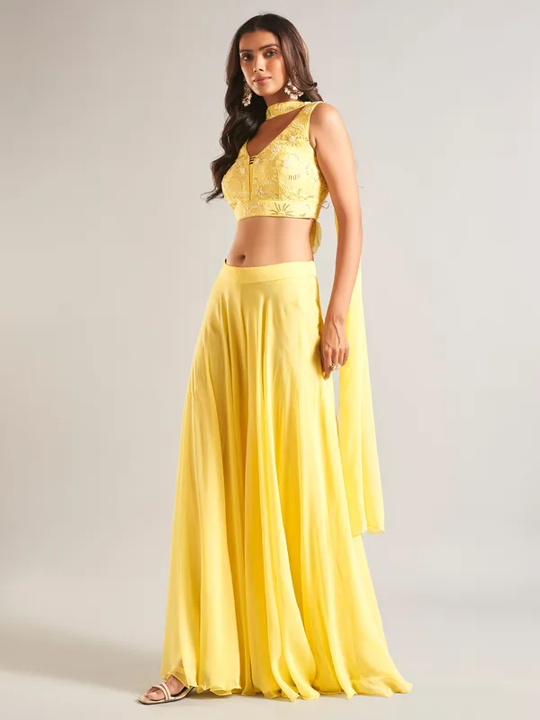 Yellow georgette palazzo salwar suit with dupatta