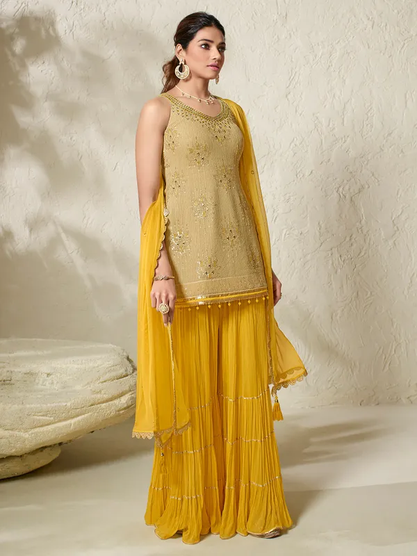 Yellow georgette palazzo suit with resham work