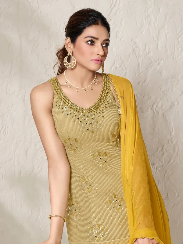 Yellow georgette palazzo suit with resham work