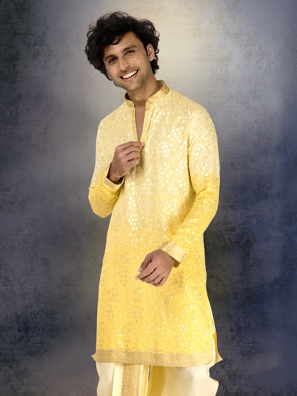 Yellow georgette shaded embroidered dhoti kurta suit