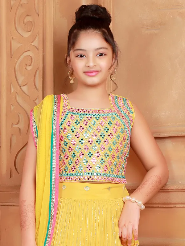 Yellow georgette wedding look lehenga choli