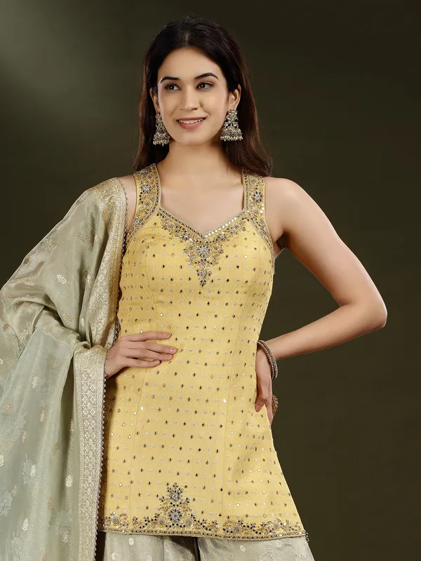 Yellow grey shaded silk palazzo suit