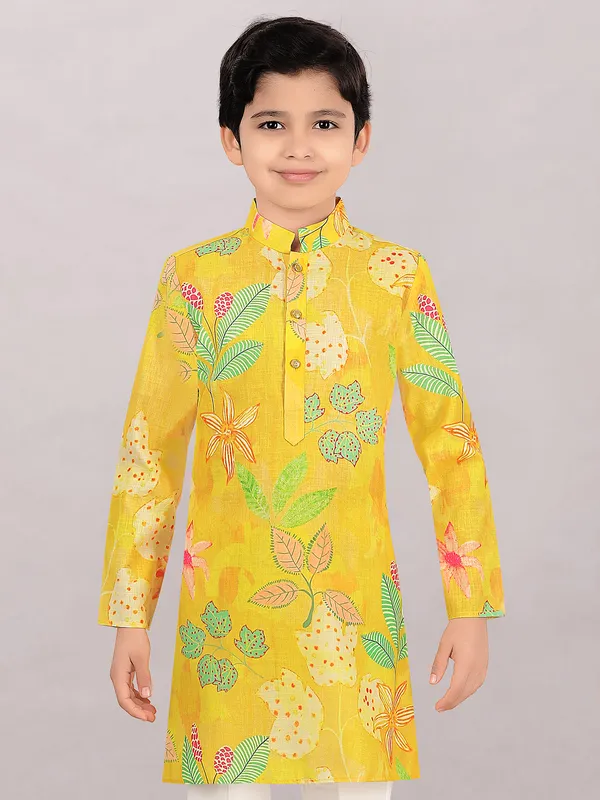 Yellow haldi special printed kurta suit for boys
