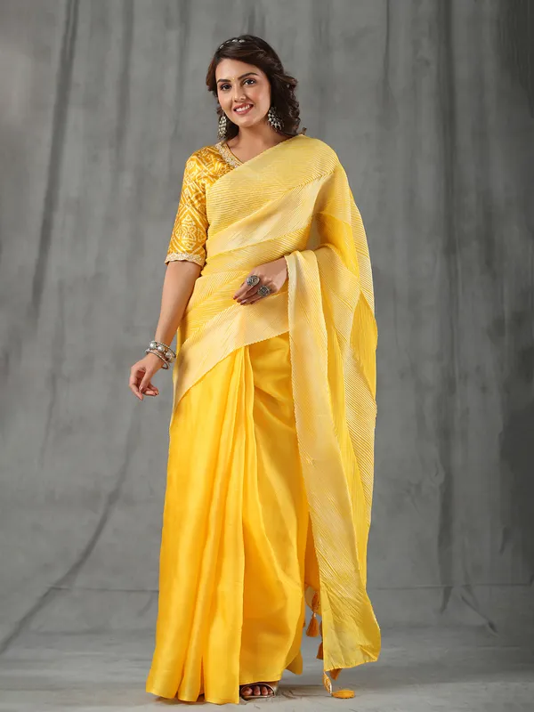 Yellow half n half tussar silk saree