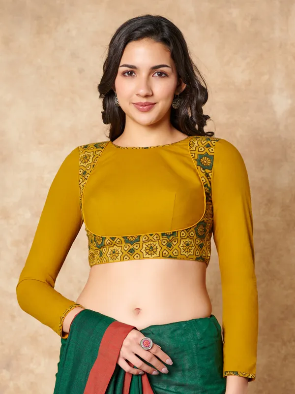 Yellow hand block printed ajrakh cotton ready made blouse
