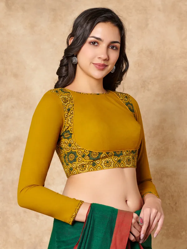 Yellow hand block printed ajrakh cotton ready made blouse