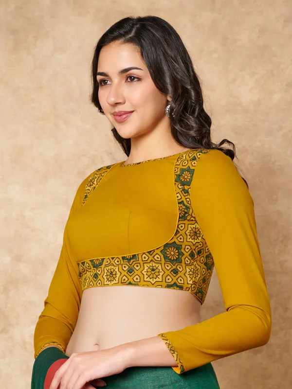Yellow hand block printed ajrakh cotton ready made blouse