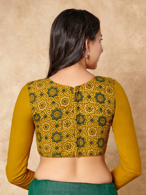 Yellow hand block printed ajrakh cotton ready made blouse