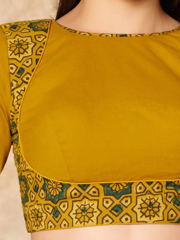 Yellow hand block printed ajrakh cotton ready made blouse