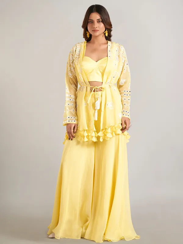 Yellow jacket style palazzo suit in soft georgette