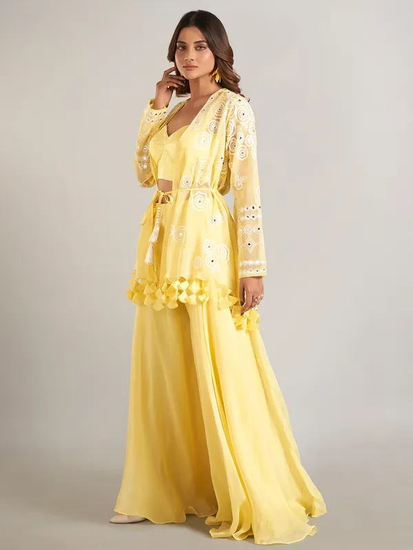 Yellow jacket style palazzo suit in soft georgette