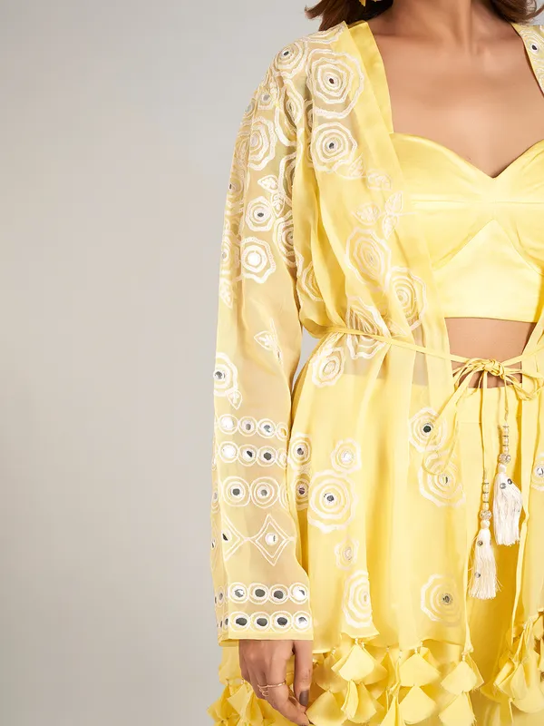 Yellow jacket style palazzo suit in soft georgette