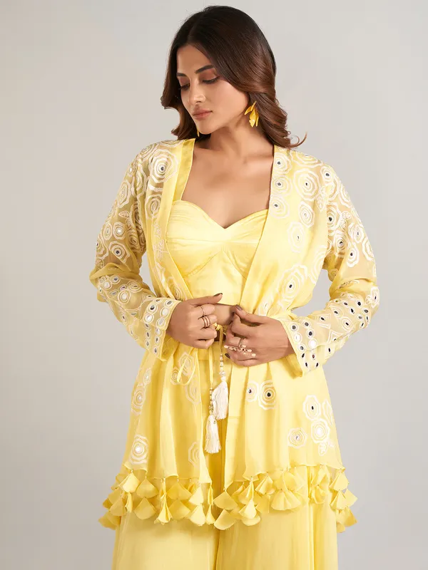 Yellow jacket style palazzo suit in soft georgette