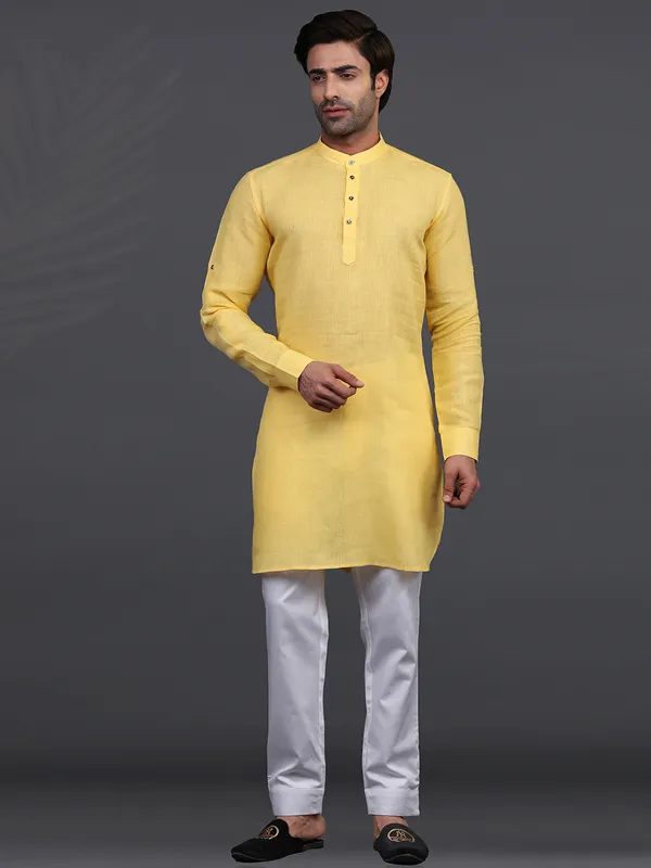 Yellow linen full sleeeves kurta suit