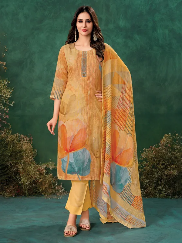 Yellow linen printed salwar suit