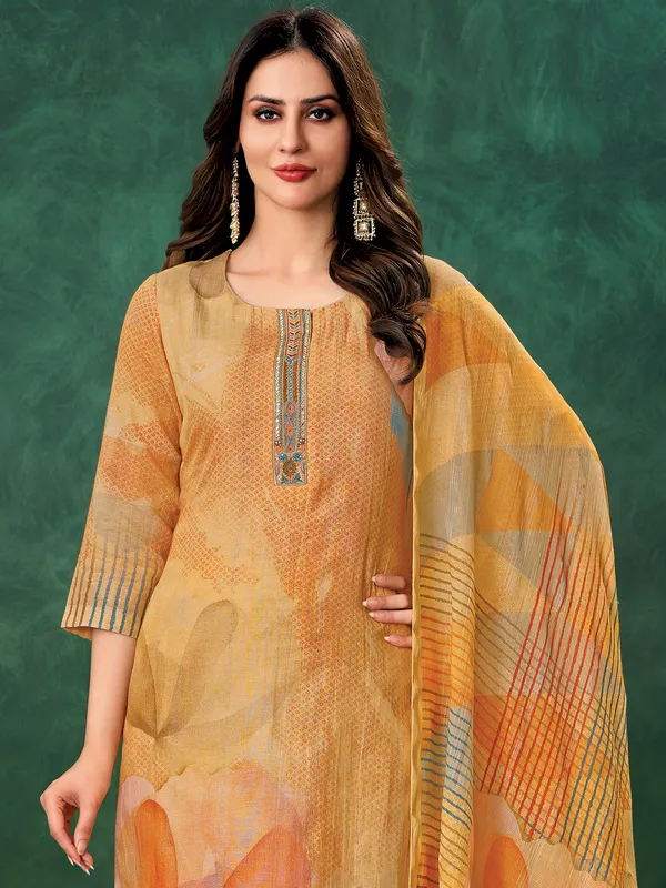 Yellow linen printed salwar suit