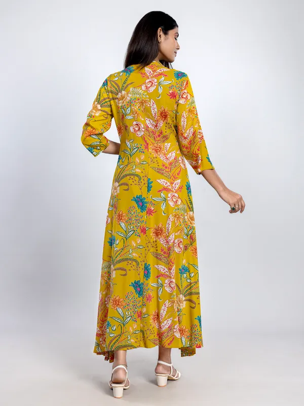 Yellow long printed cotton silk kurti for women