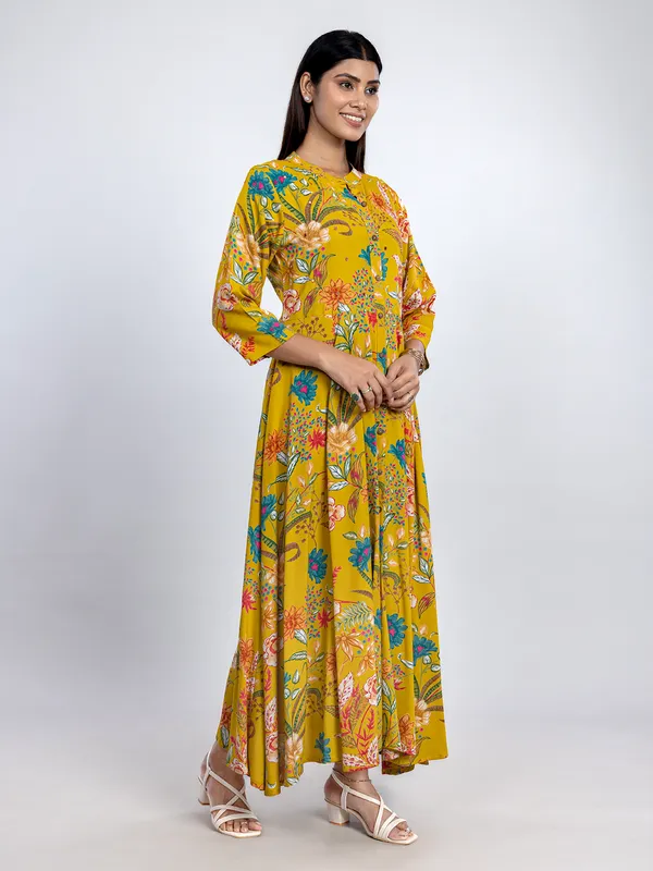 Yellow long printed cotton silk kurti for women