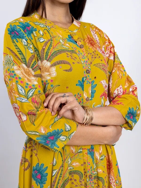 Yellow long printed cotton silk kurti for women