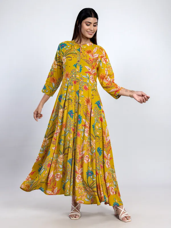 Yellow long printed cotton silk kurti for women