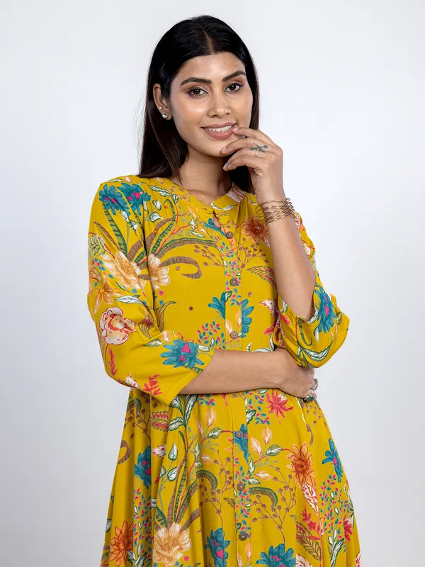Yellow long printed cotton silk kurti for women