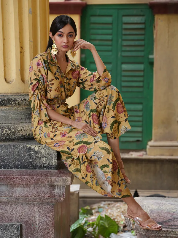 Yellow muslin printed co ord set