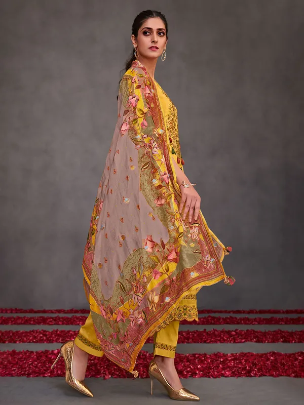 Yellow muslin silk salwar suit with cutwork