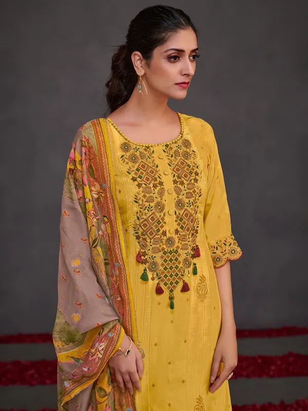 Yellow muslin silk salwar suit with cutwork