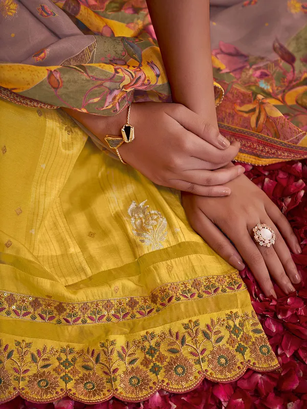 Yellow muslin silk salwar suit with cutwork
