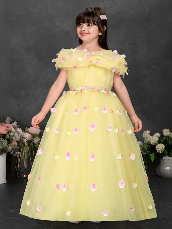 Yellow net beaded and sequinned designer gown