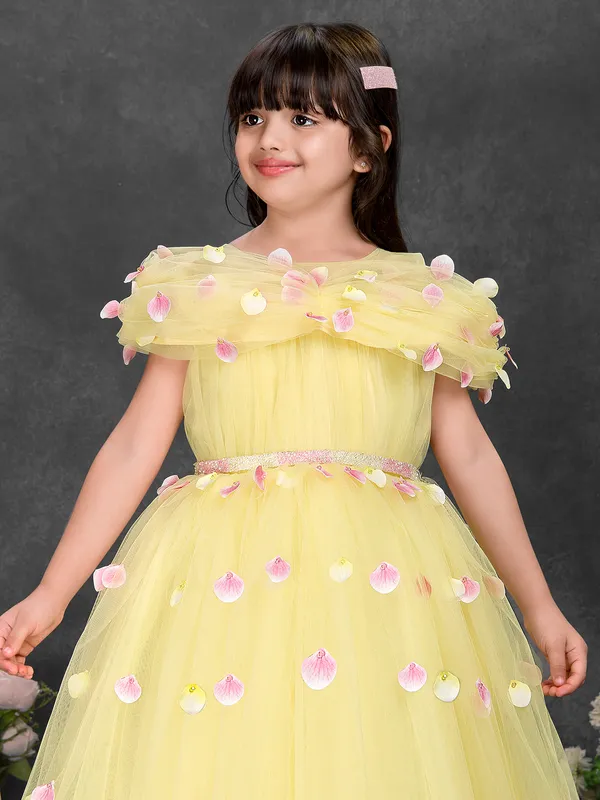 Yellow net beaded and sequinned designer gown