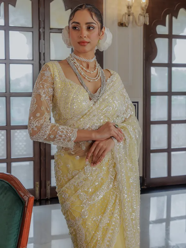 Yellow net saree for rich sequins work