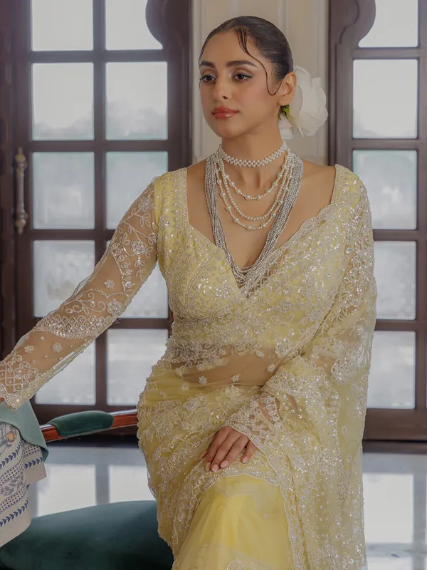 Yellow net saree for rich sequins work