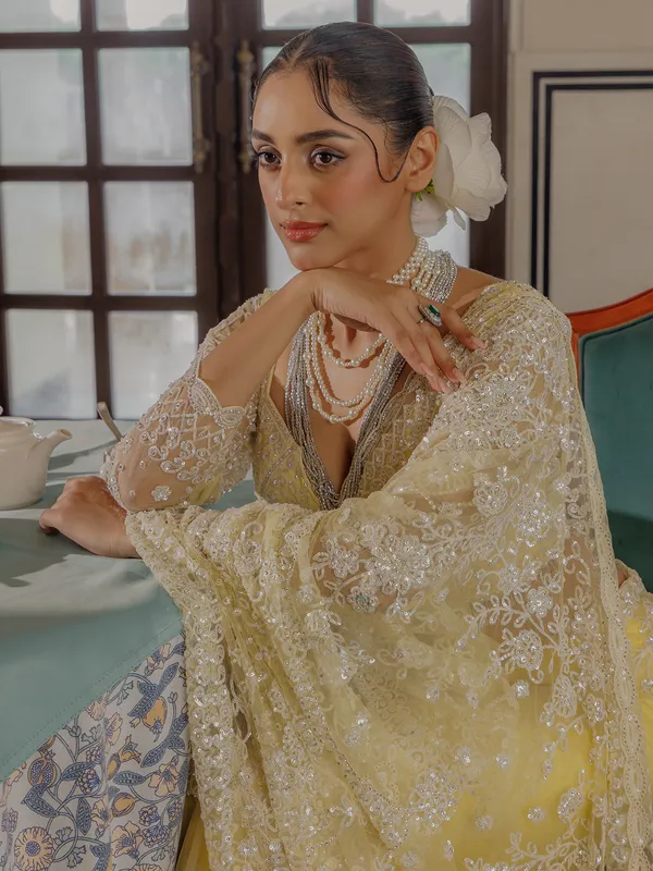 Yellow net saree for rich sequins work