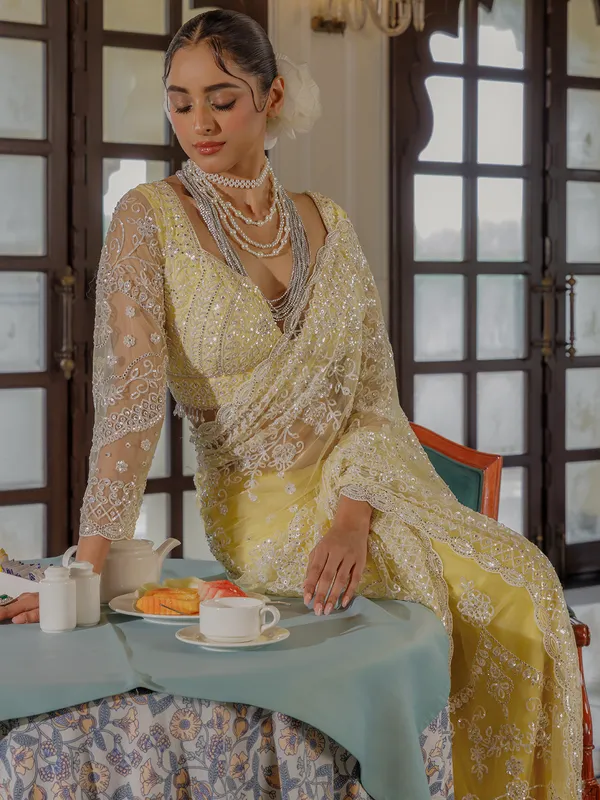 Yellow net saree for rich sequins work