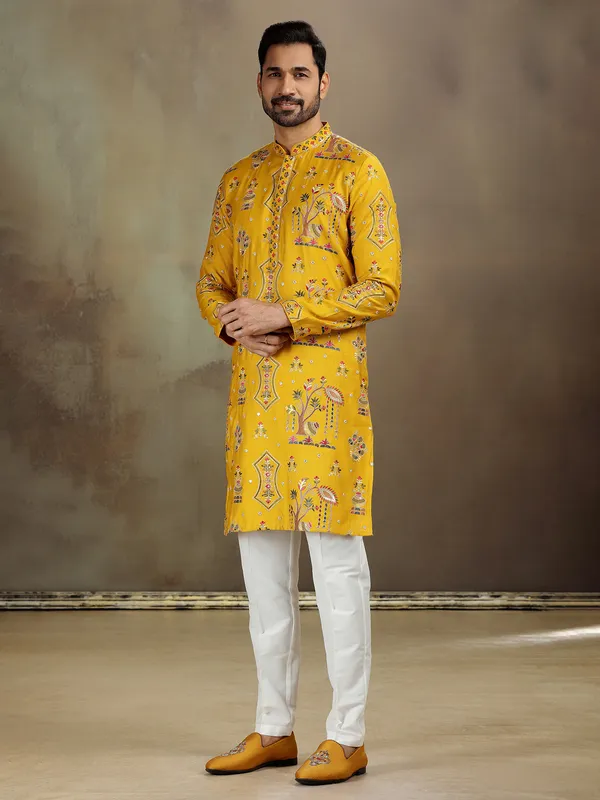 Yellow nova silk kurta for haldi style