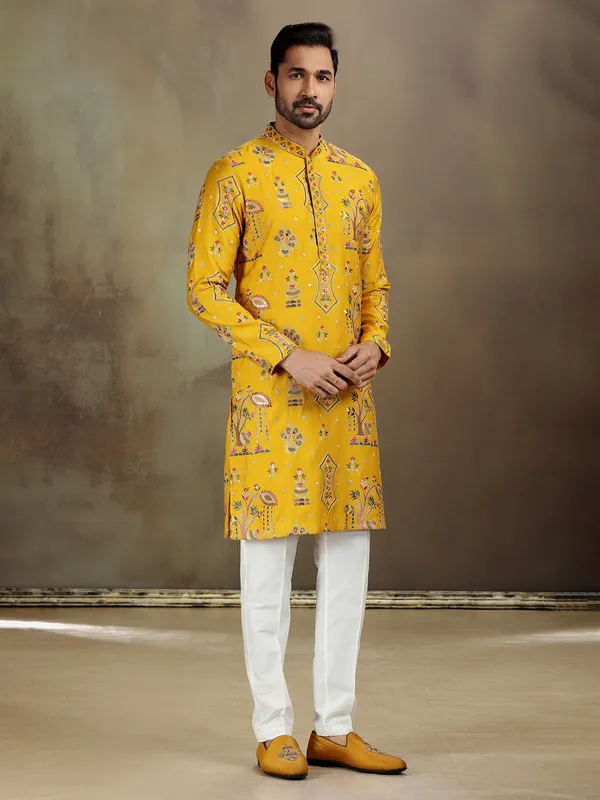 Yellow nova silk kurta for haldi style