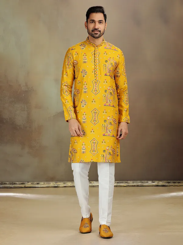 Yellow nova silk kurta for haldi style