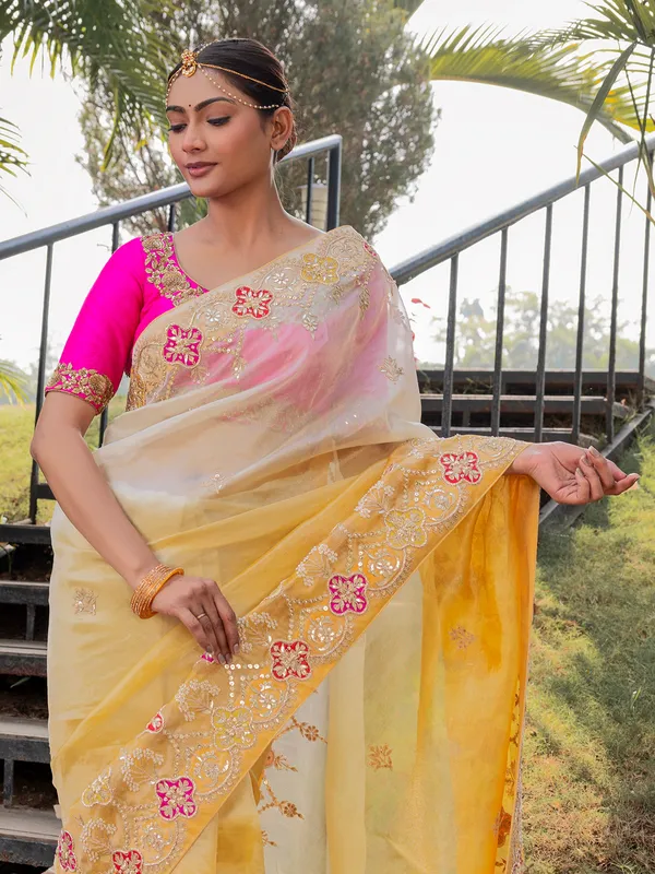 Yellow ombre style tissue silk saree