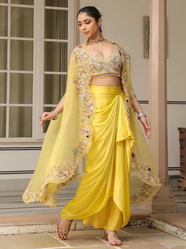 Yellow organza and satin indowestern suit